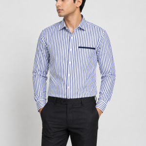 Boys Blue & White Striped Formal Shirt with Contrast Pocket