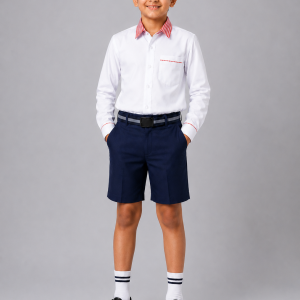 Boys White School Uniform Shirt with Red Check Contrast Collar
